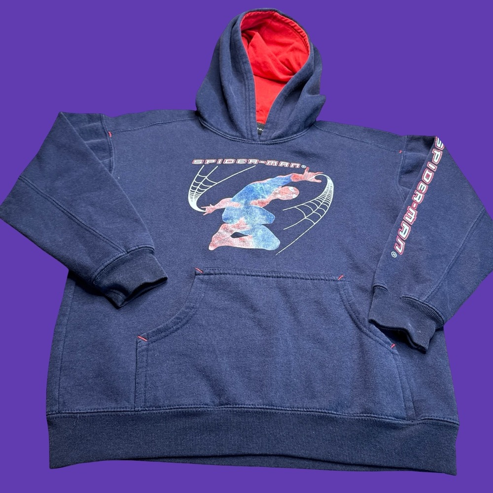 Vintage Spider-Man Hoodie Youth 8/10 Navy Red Marvel Graphic Sleeve Print